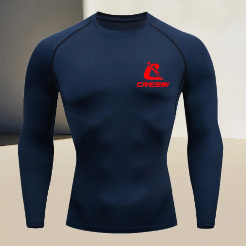 Men's round neck long sleeved, gym workout compression quick drying base shirt, made of high elasticity and breathable fabric