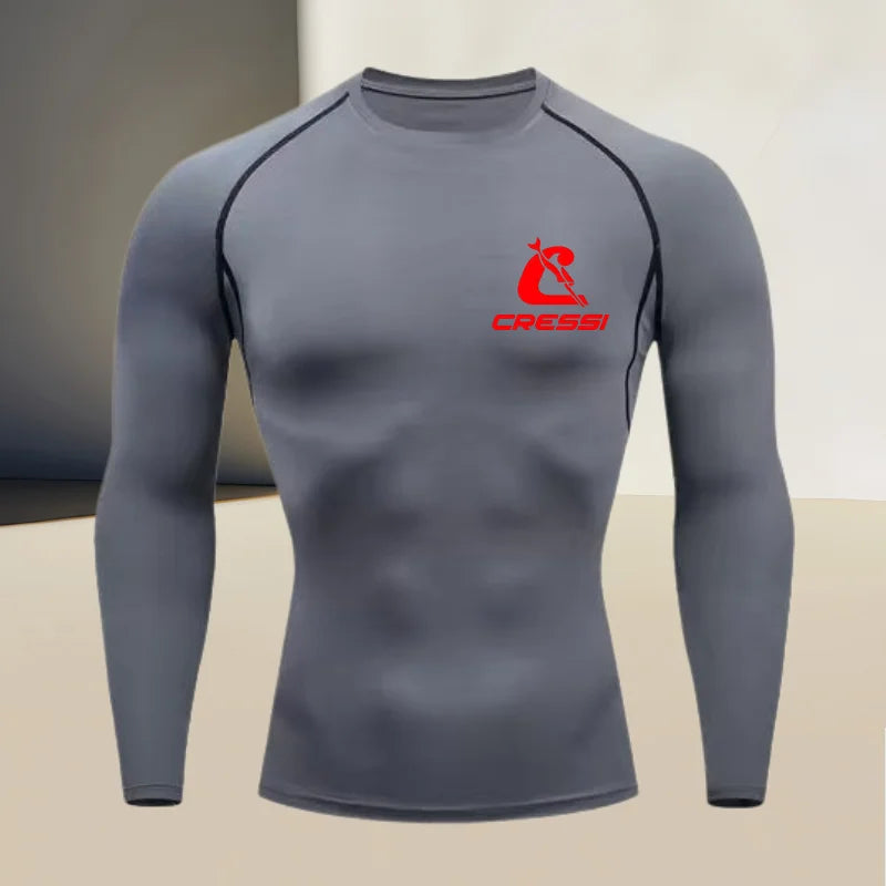 Men's round neck long sleeved, gym workout compression quick drying base shirt, made of high elasticity and breathable fabric